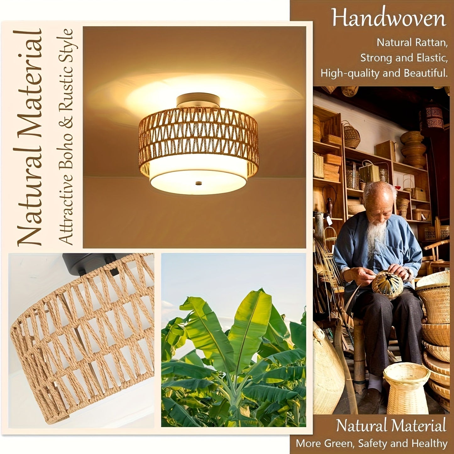 Woven Rattan Ceiling Light with Linen Glow