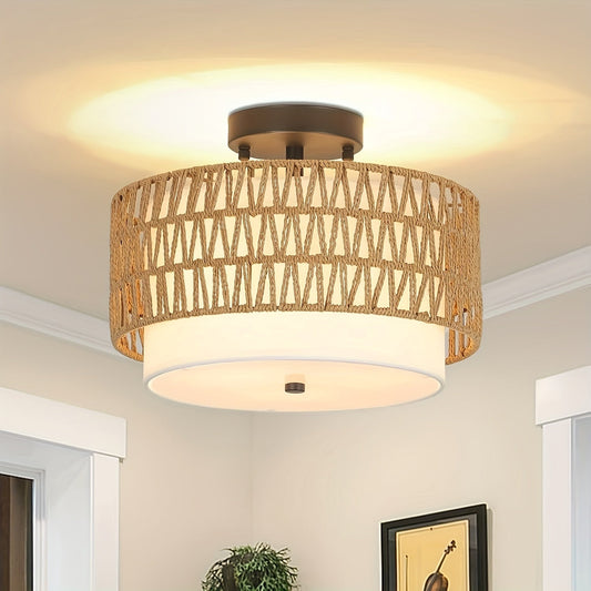 Woven Rattan Ceiling Light with Linen Glow
