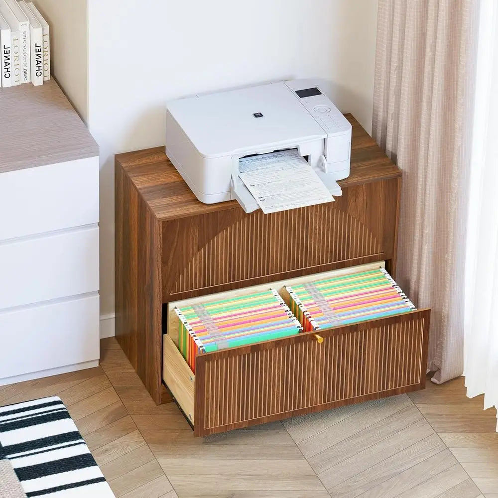Premium Walnut Filing Cabinet with Fluted Drawers & Spacious Storage