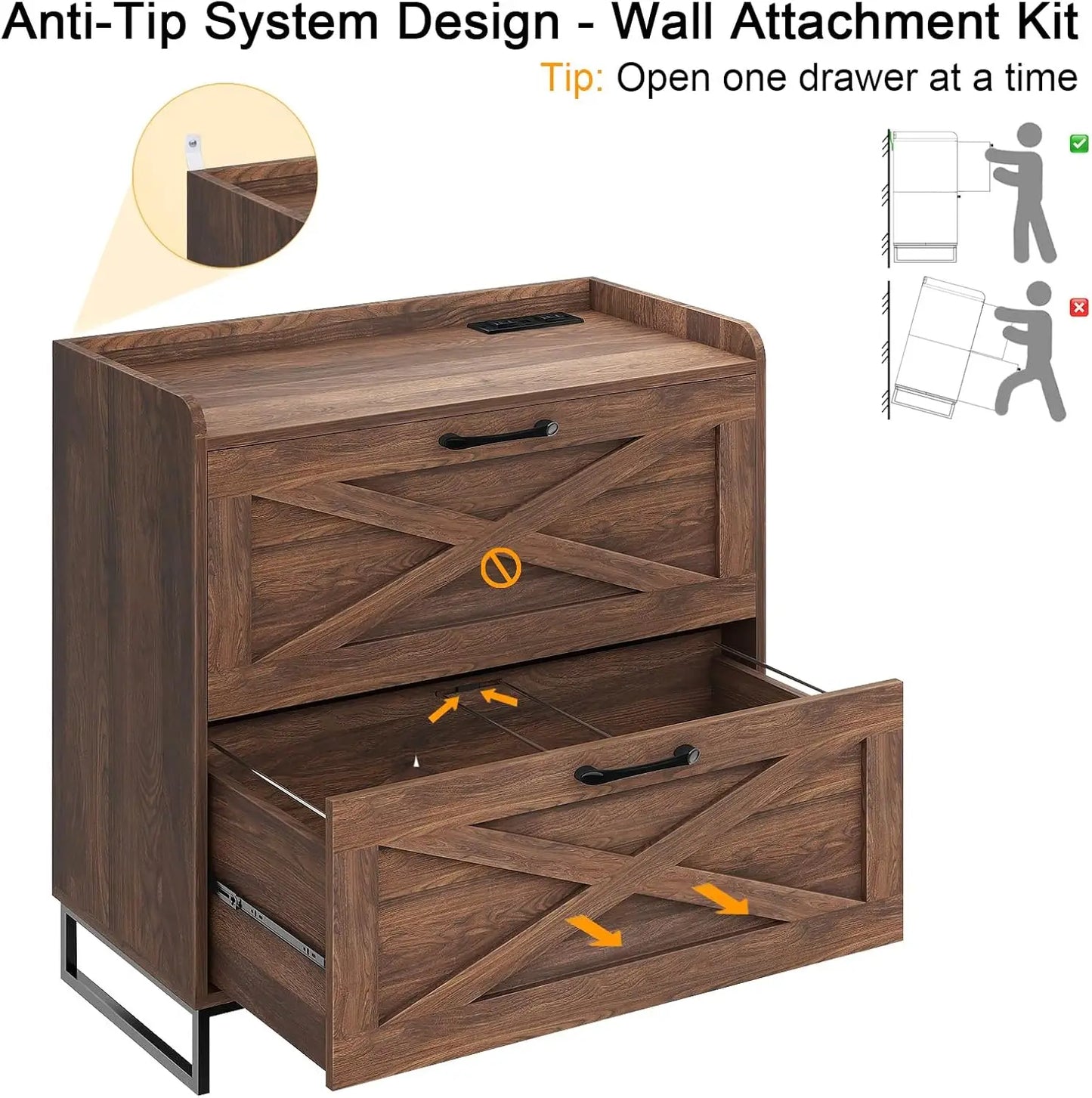 Premium Wood Filing Cabinet with Charging Station & Dual File Drawers