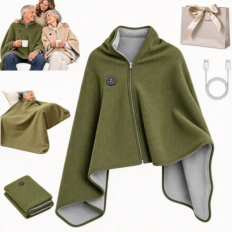 Heated Cape Shawl USB Powered Zip-Front Knit Fleece