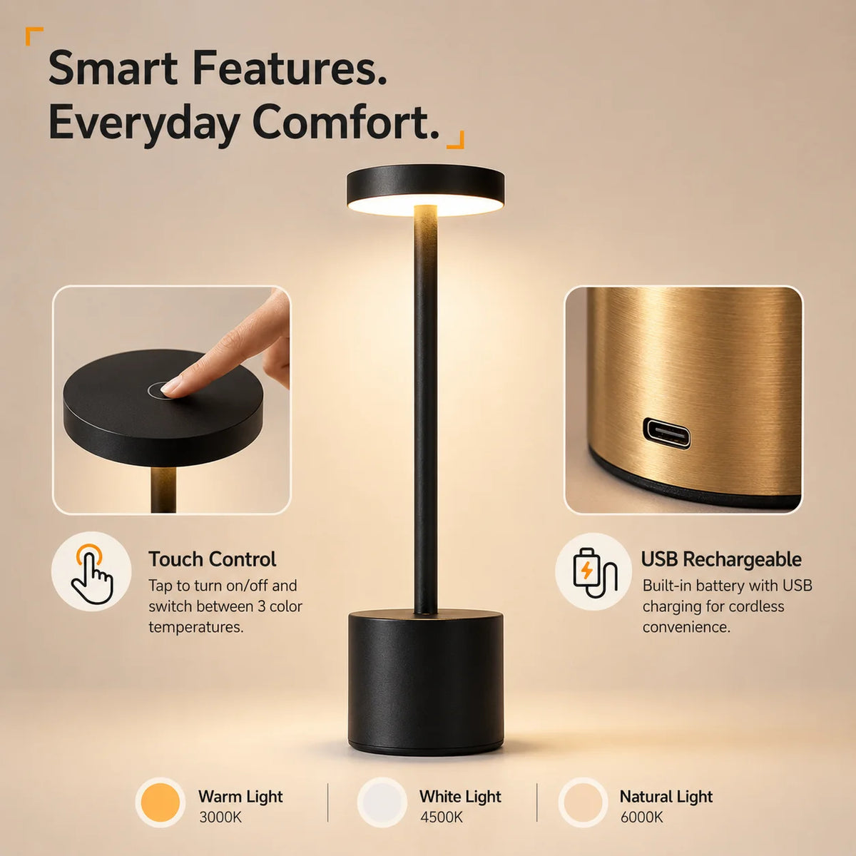 Cordless Rechargeable Touch Table Lamp | 3 Light Colors, Stepless Dimming