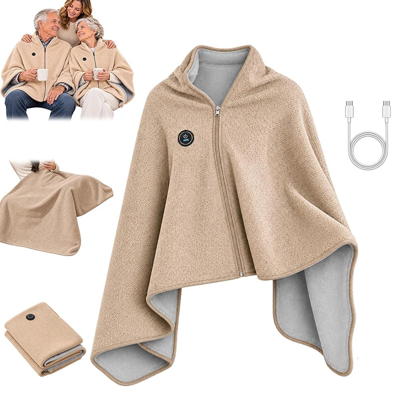 Heated Cape Shawl USB Powered Zip-Front Knit Fleece