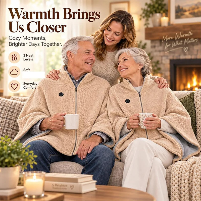 Heated Cape Shawl USB Powered Zip-Front Knit Fleece