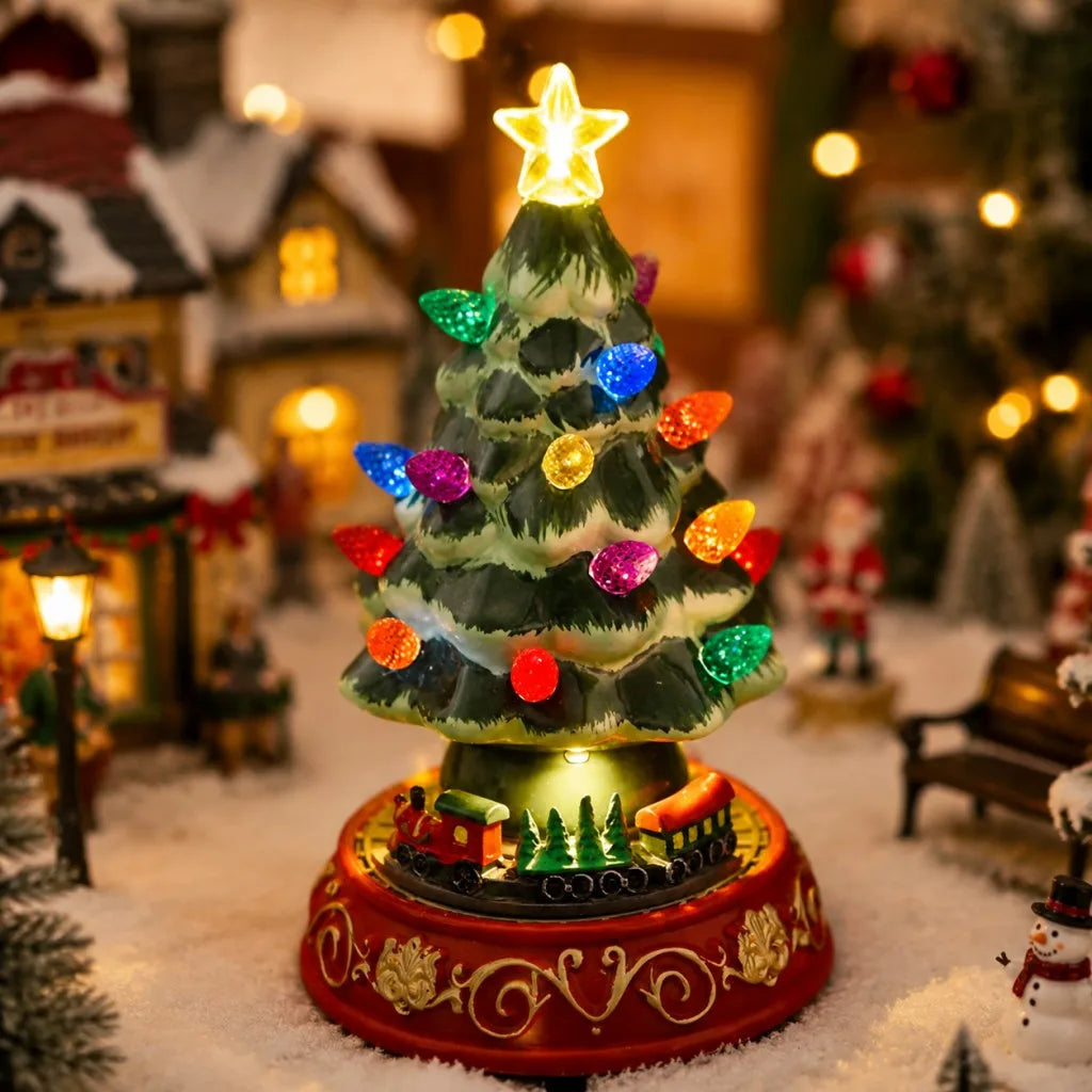Lighted Ceramic Christmas Village Tree | LED Tree with Rotating Train Base