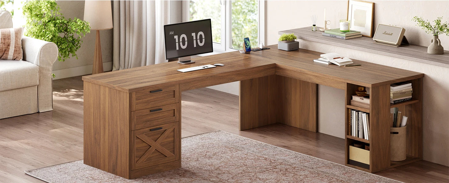 Farmhouse L-Shaped Desk with File Drawer & Built-In Charging Station