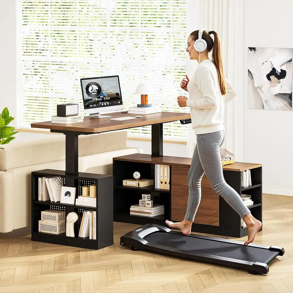 Nexus Electric L-Shaped Standing Desk with Shelving & Power Hub