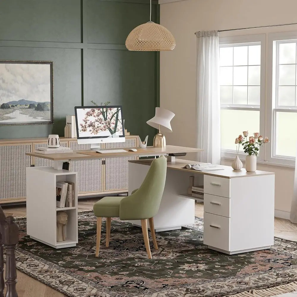 L-Shaped Standing Desk with Cabinet
