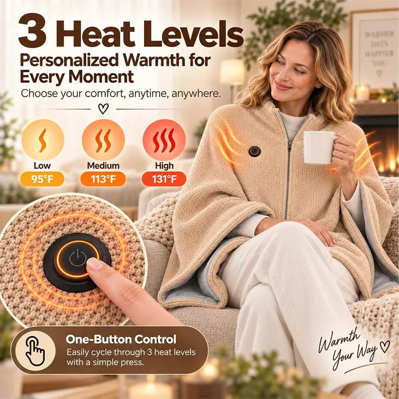 Heated Cape Shawl USB Powered Zip-Front Knit Fleece