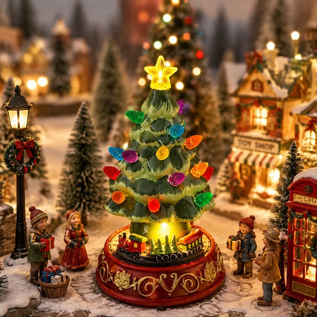 Lighted Ceramic Christmas Village Tree | LED Tree with Rotating Train Base
