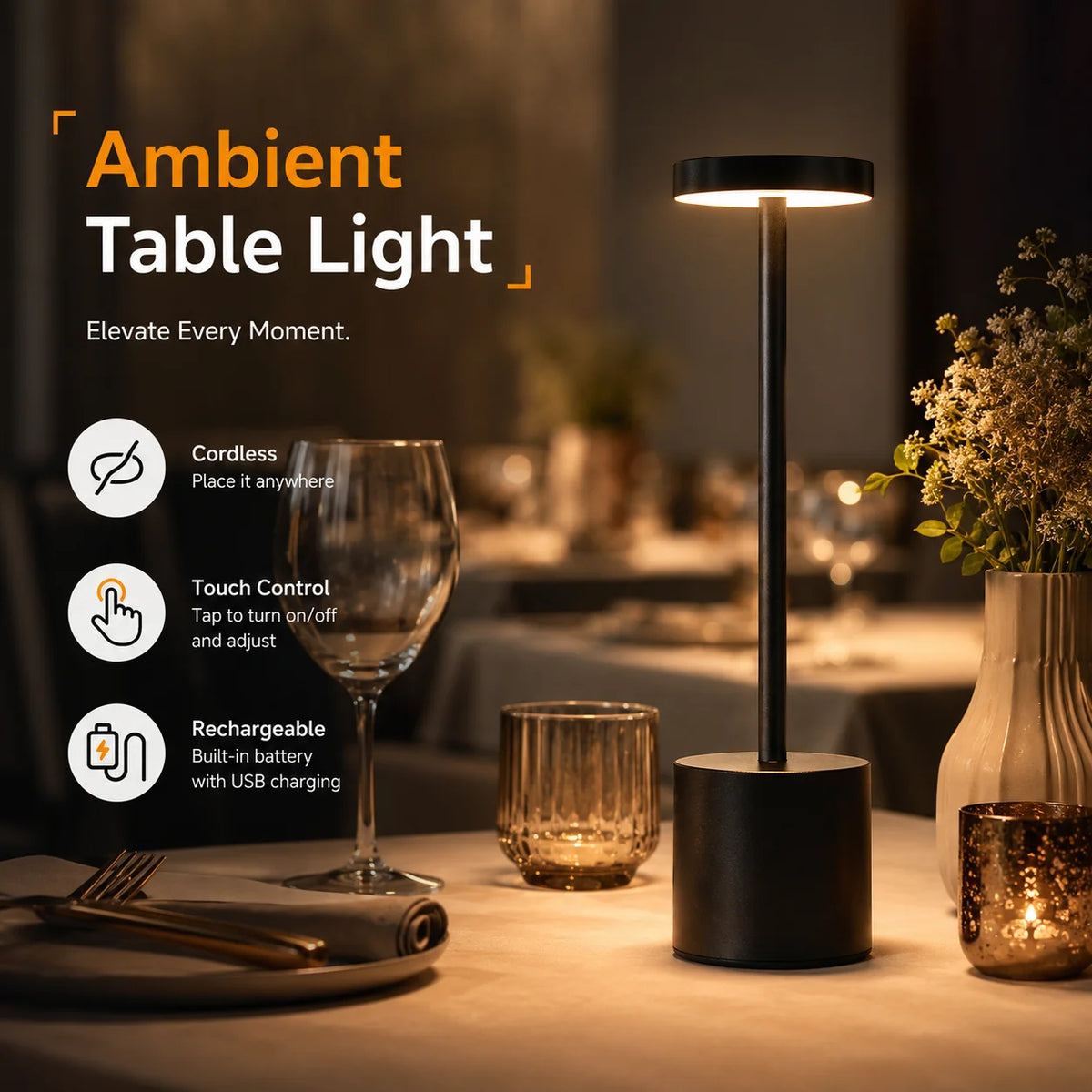 Cordless Rechargeable Touch Table Lamp | 3 Light Colors, Stepless Dimming