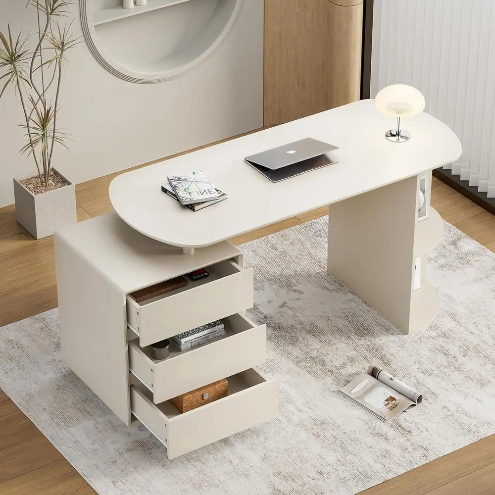 Cream White Desk with Storage Shelves