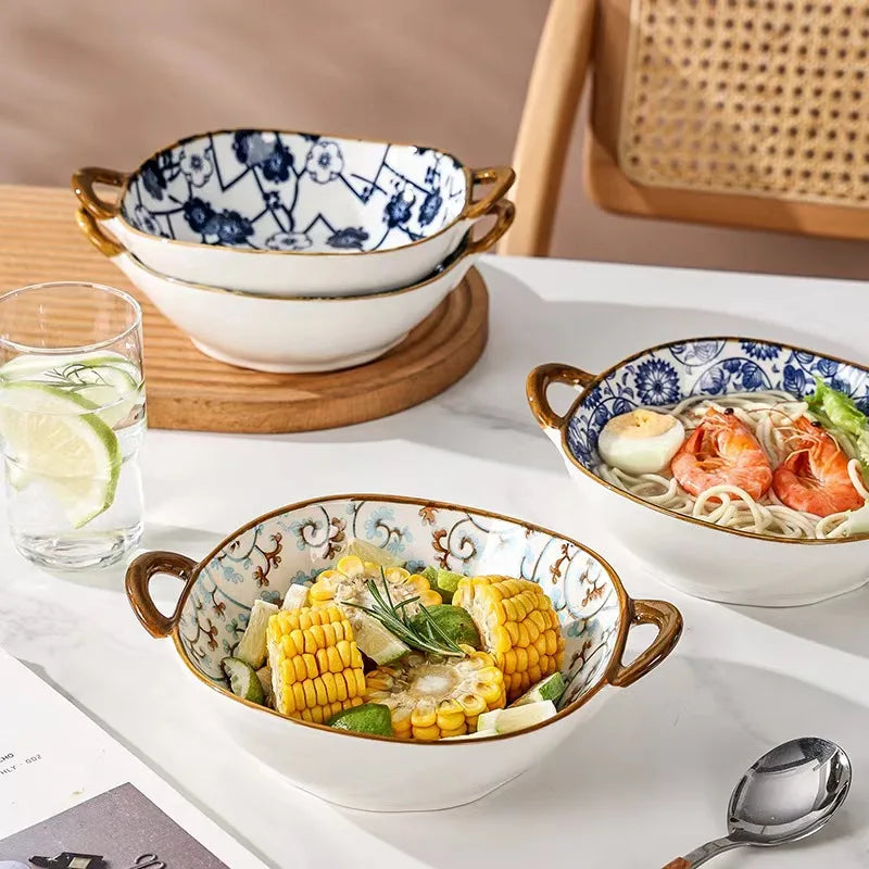 Japanese Ceramic Noodle Bowl w/ Handles