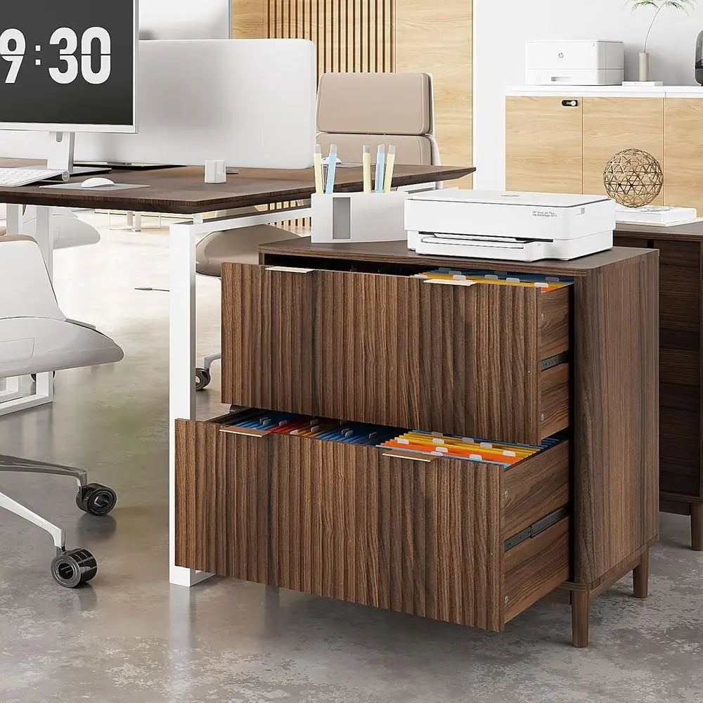 Premium Fluted Wood Filing Cabinet with Dual Storage Drawers