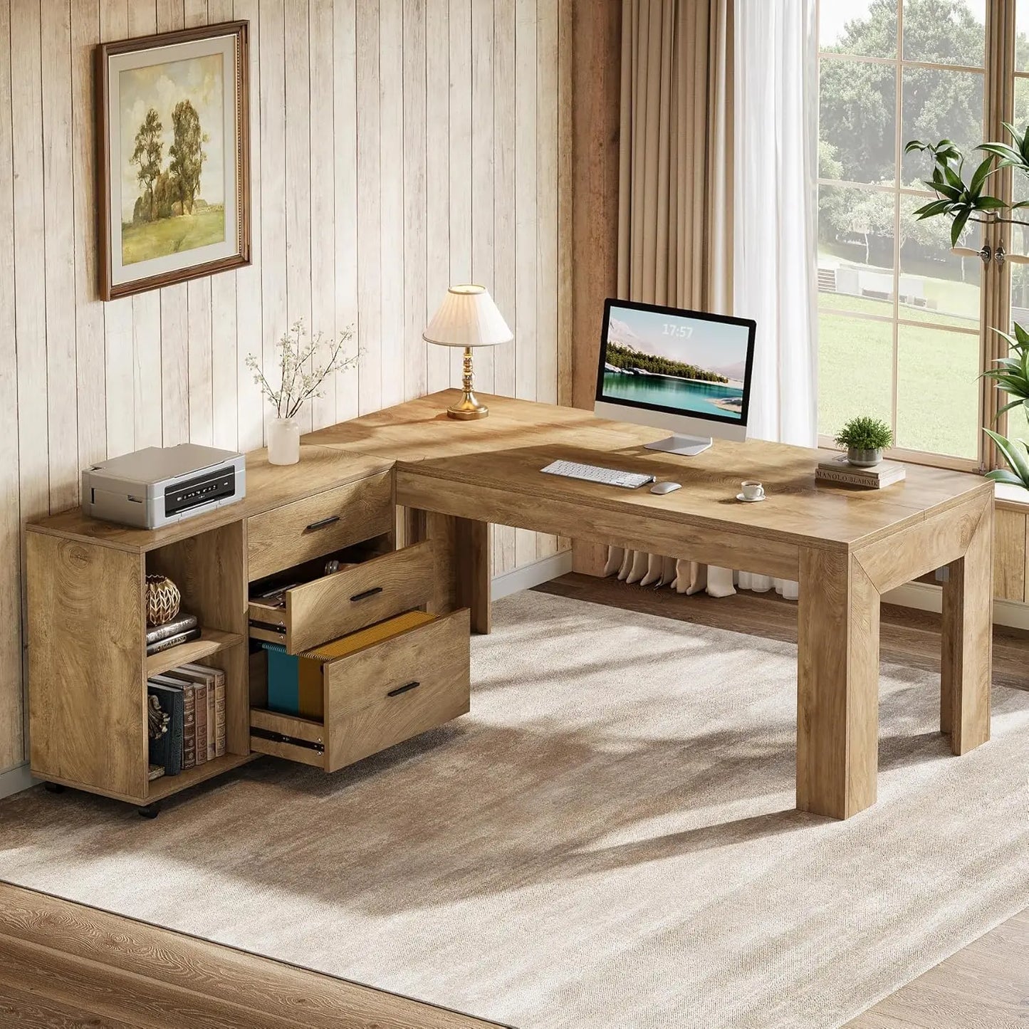 63" Executive L-Shaped Desk with Rolling File Cabinet