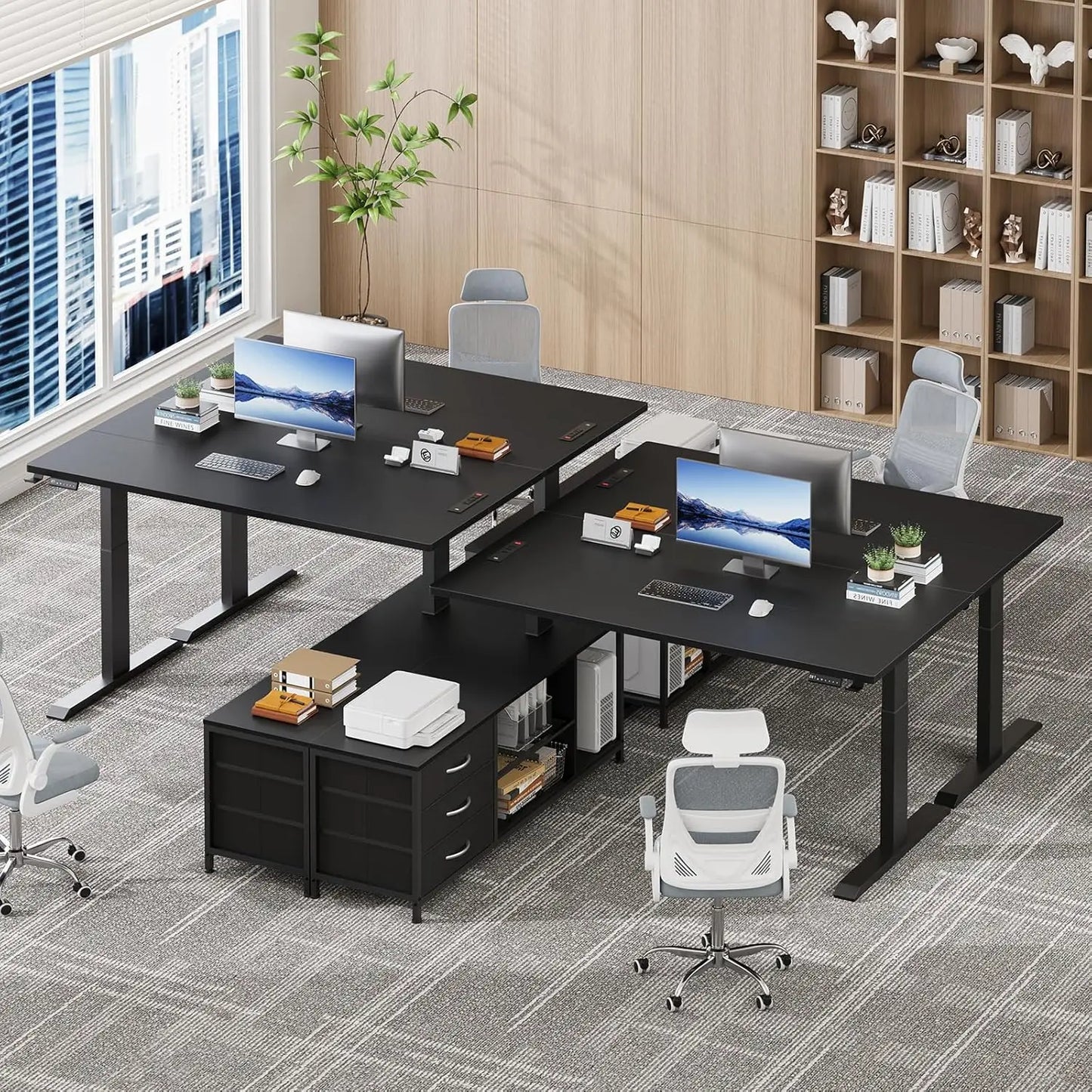 Premium L-Shaped Electric Standing Desk with Integrated Storage & Charging Station