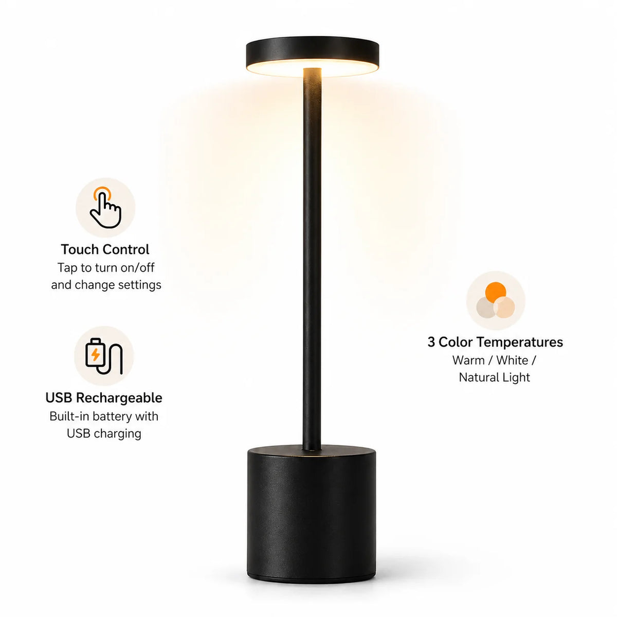 Cordless Rechargeable Touch Table Lamp | 3 Light Colors, Stepless Dimming