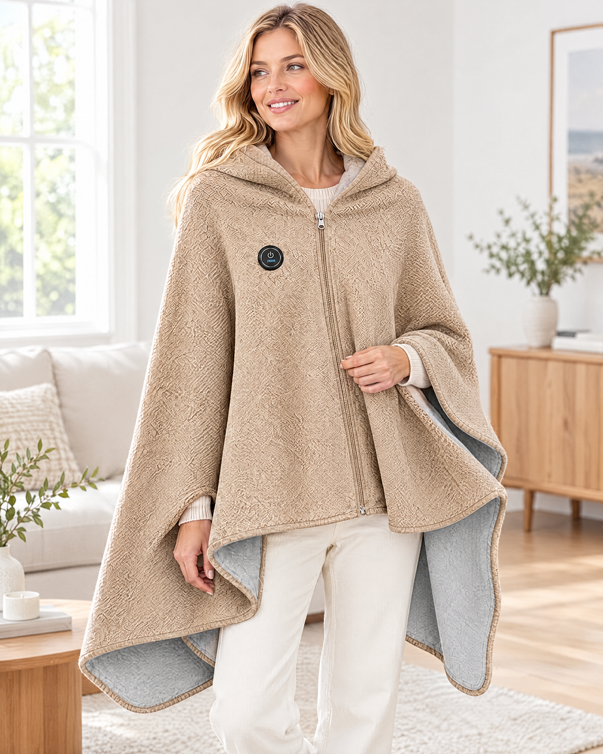 Woman wearing a beige heated cape shawl with a zip front