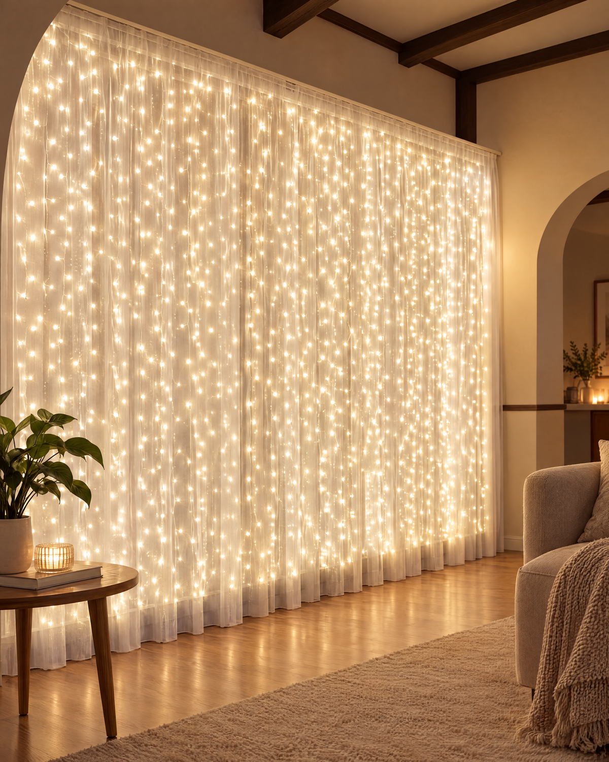 Warm white battery LED curtain lights glowing across a window in a living room