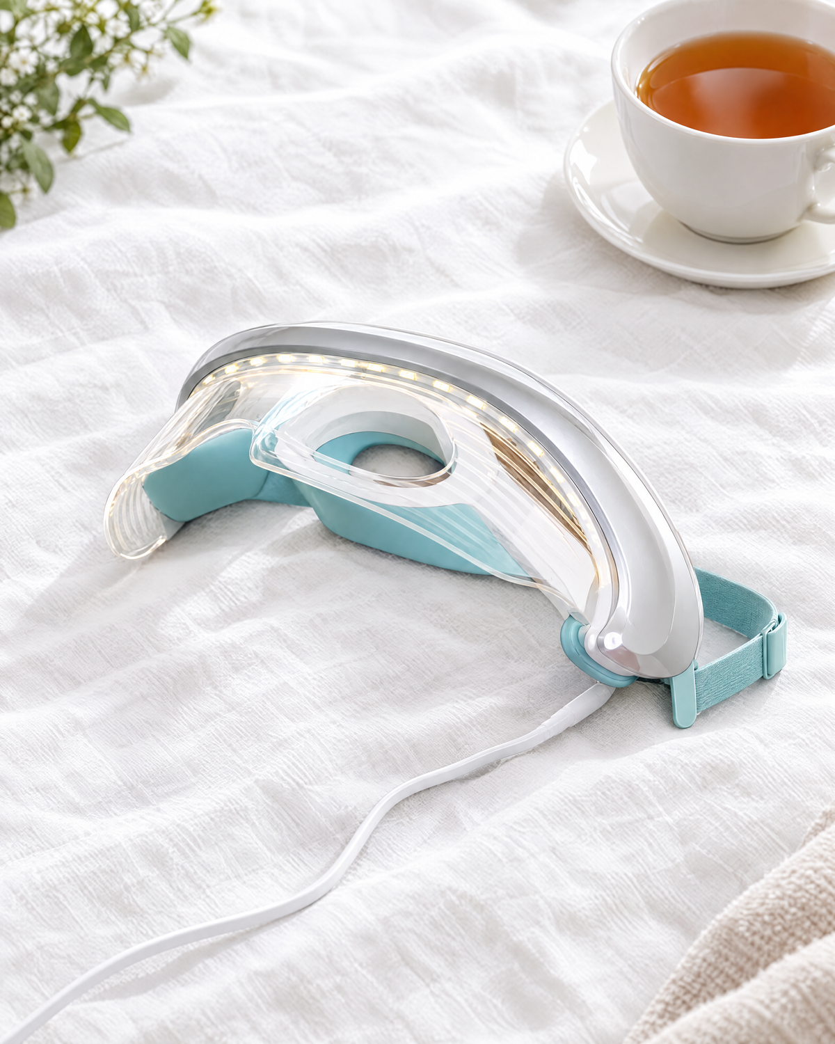 LED eye therapy mask on white linen next to a cup of tea
