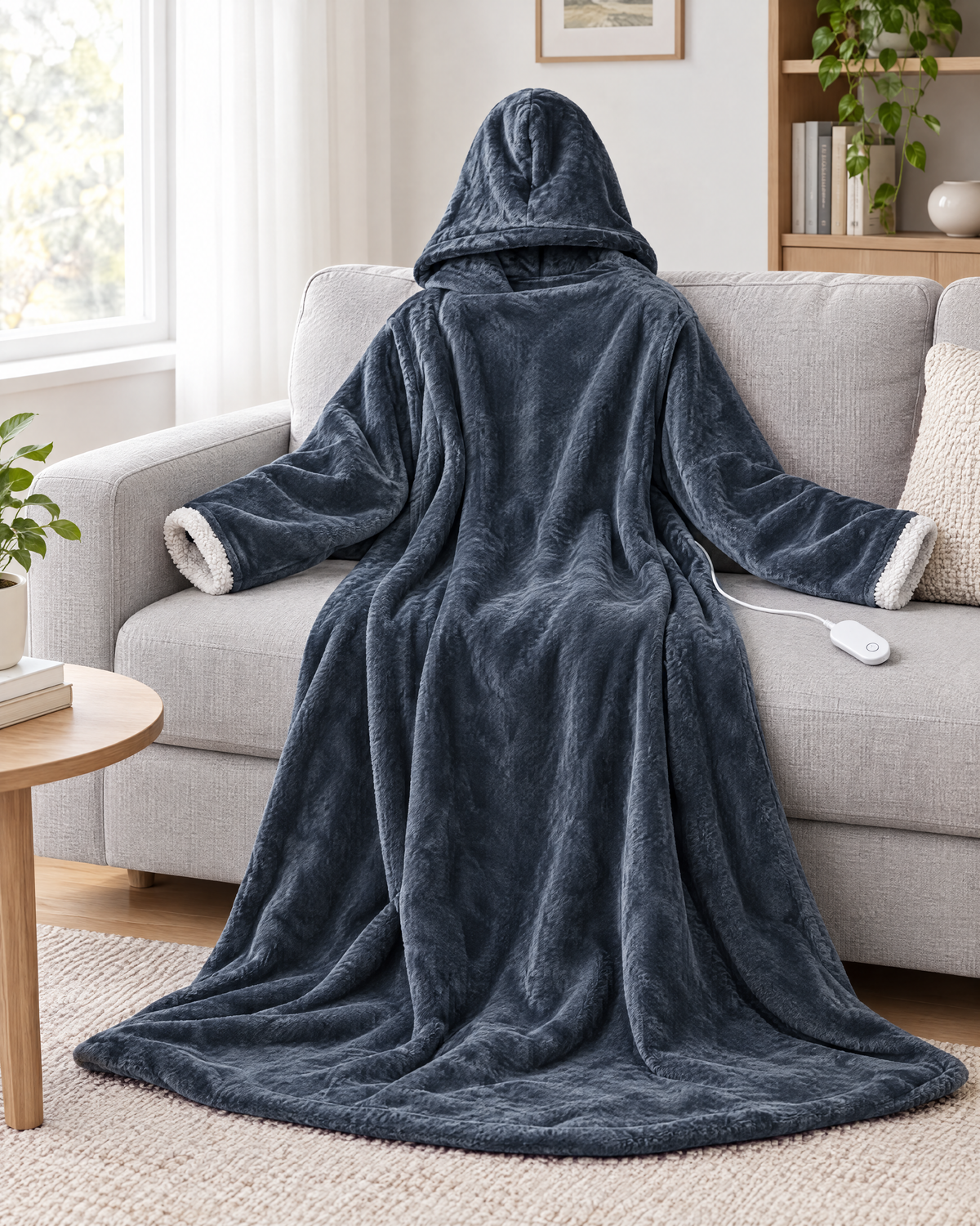 Slate blue-grey wearable heated blanket robe draped on a sofa