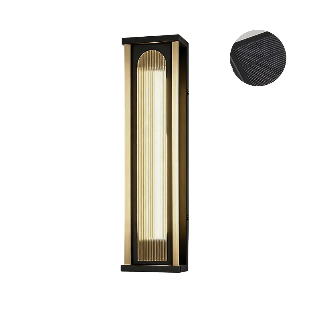 Medium solar wall sconce with black metal frame and vertical ribbed diffuser