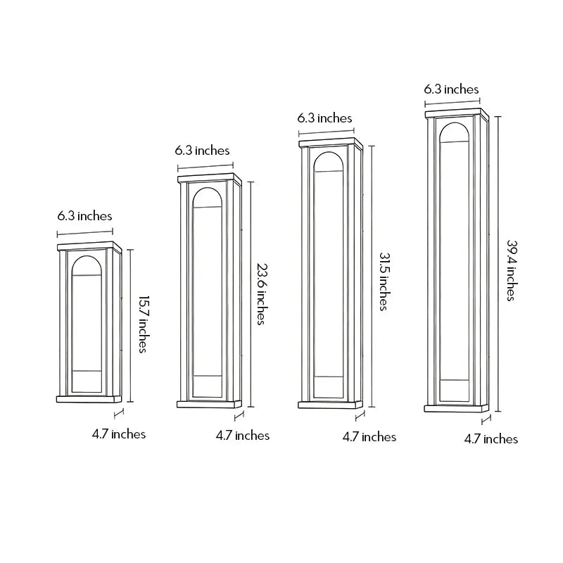 Modern outdoor wall sconce size guide showing four available heights and widths