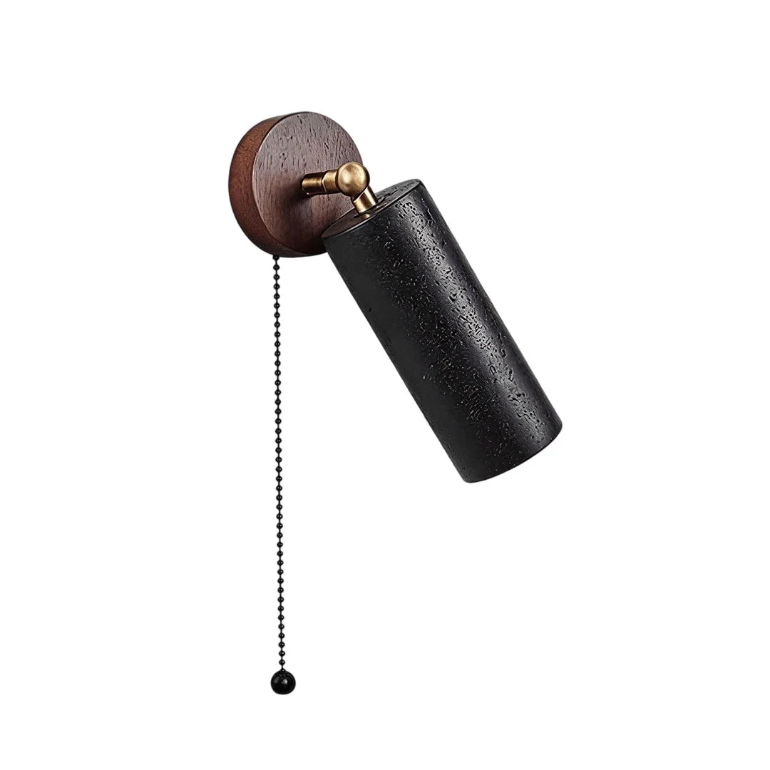 Spotlight wall light featuring an adjustable black cylinder, wood backplate, and pull-chain switch.