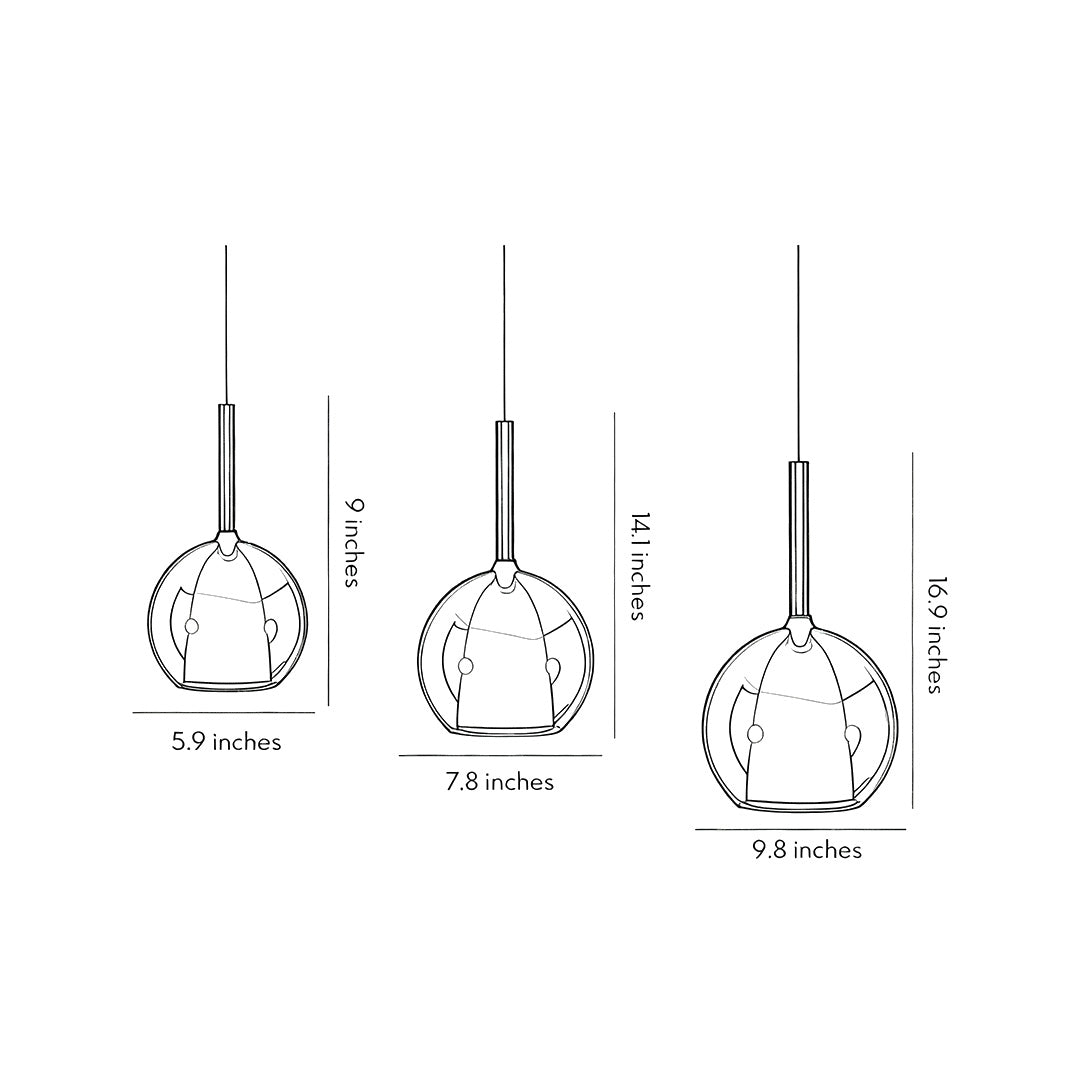 Technical dimension drawing of glass ball pendant lights, showing various sizes for installation reference.