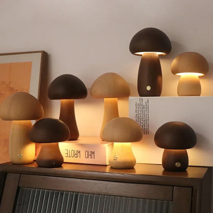 Cordless Wood Mushroom Lamp, Bedside Glow