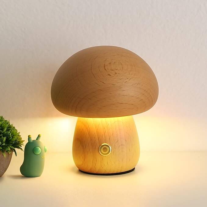 Cordless Wood Mushroom Lamp, Bedside Glow