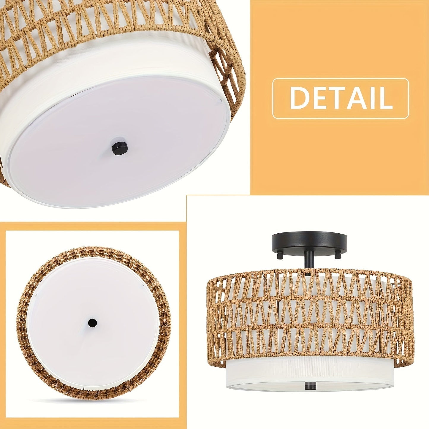 Woven Rattan Ceiling Light with Linen Glow