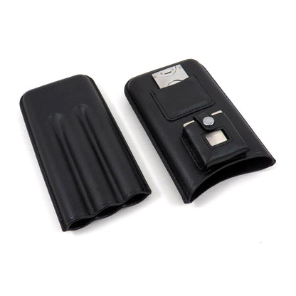 3-Cigar Leather Case with Cutter & Lighter