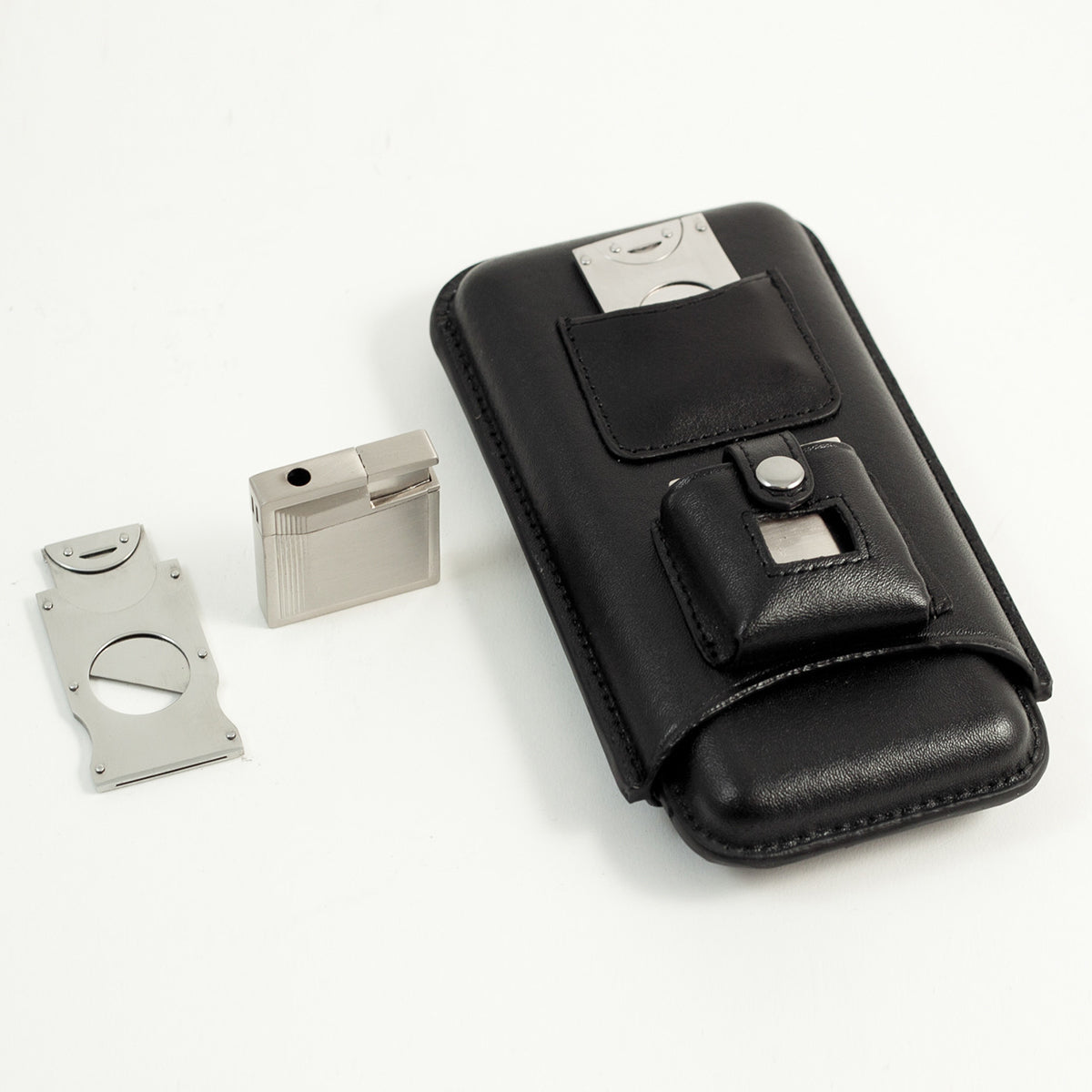 3-Cigar Leather Case with Cutter & Lighter