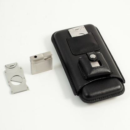 3-Cigar Leather Case with Cutter & Lighter