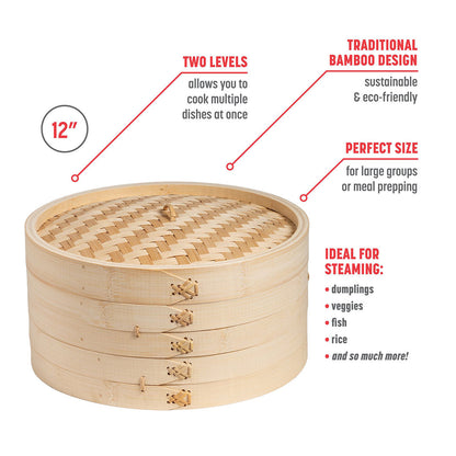 12-Inch 2-Tier Bamboo Steamer Baskets