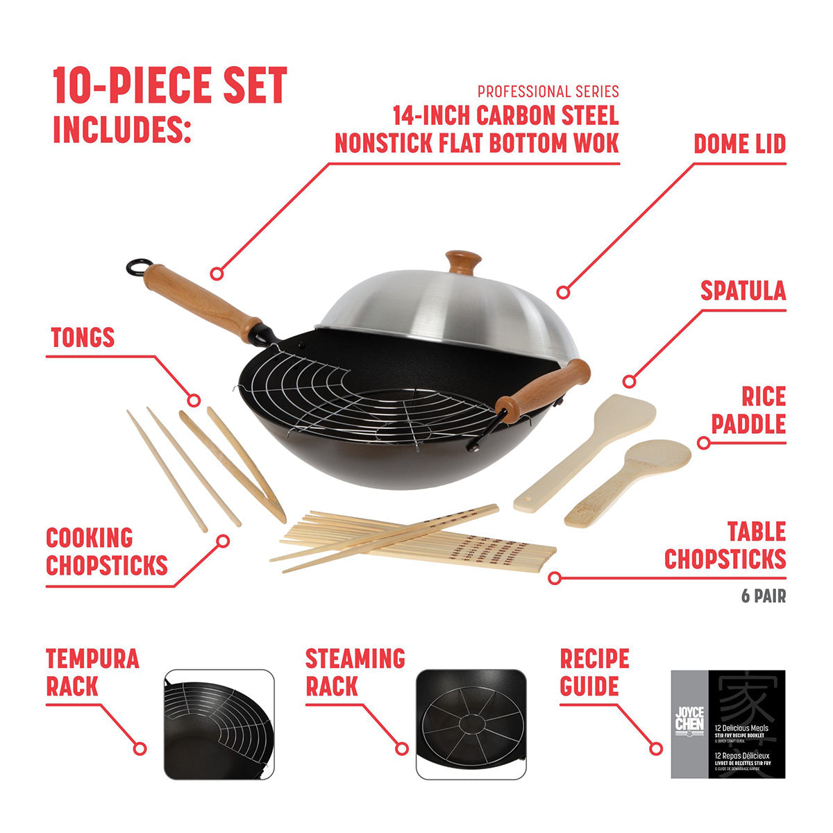 10-Piece 14'' Nonstick Wok Set + Accessories
