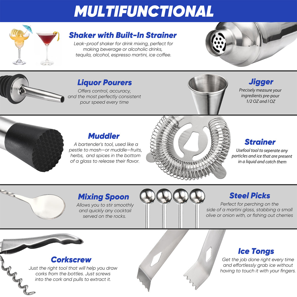 14-Piece Bartender Set, Gold or Silver