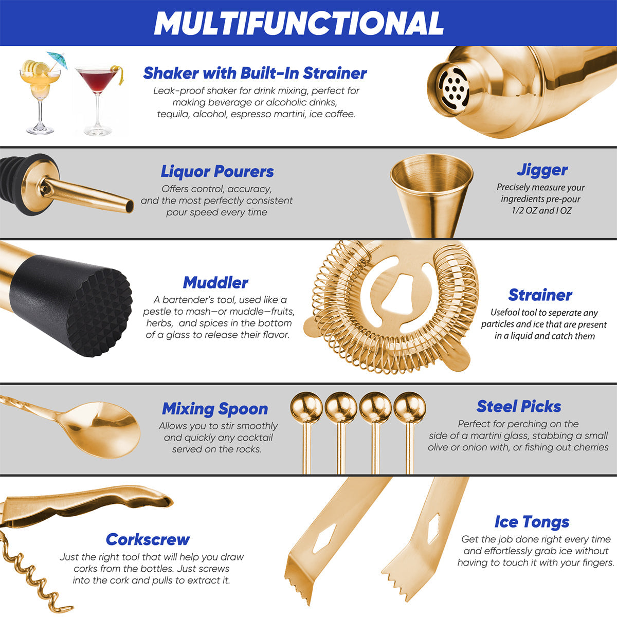 14-Piece Bartender Set, Gold or Silver