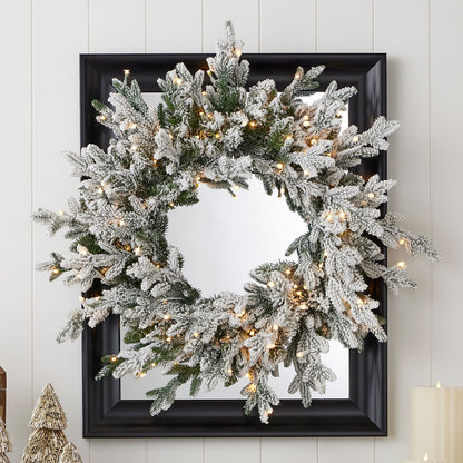 24'' Flocked Pine Wreath, 150 Warm LEDs