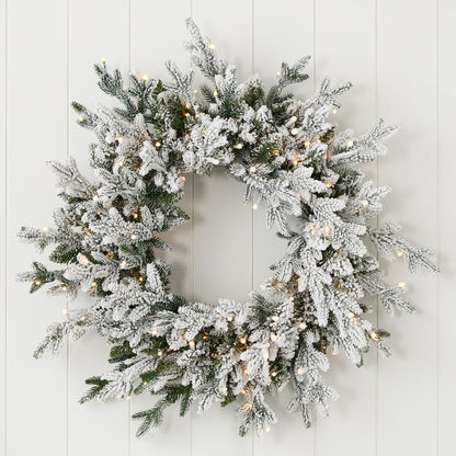 24'' Flocked Pine Wreath, 150 Warm LEDs