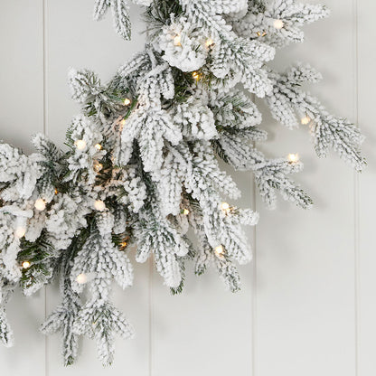 24'' Flocked Pine Wreath, 150 Warm LEDs