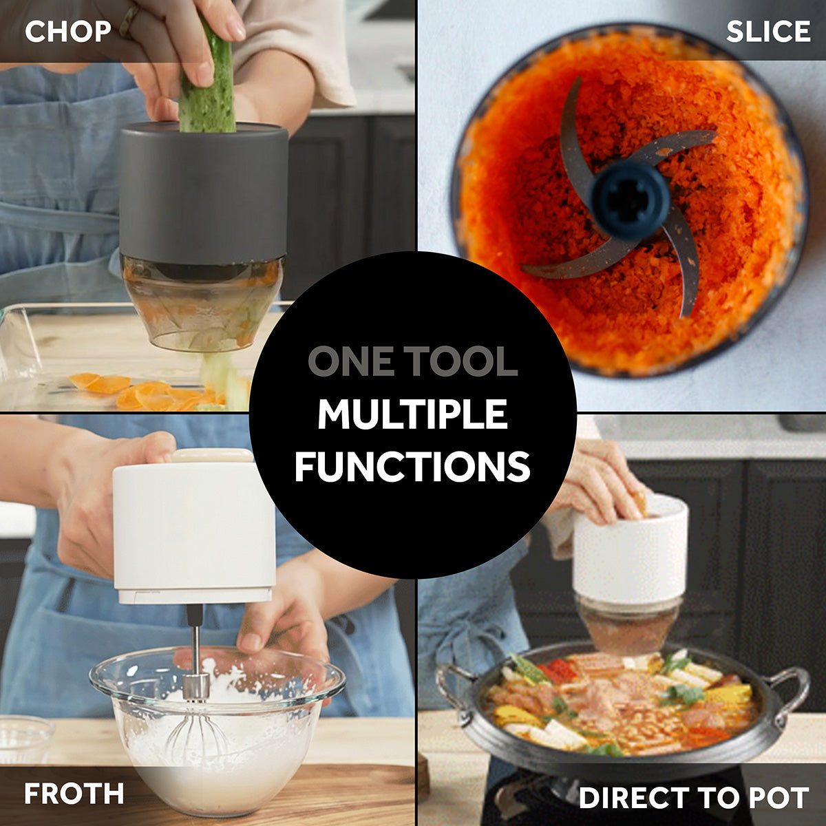 3-in-1 Cordless Food Chopper, Slicer & Frother