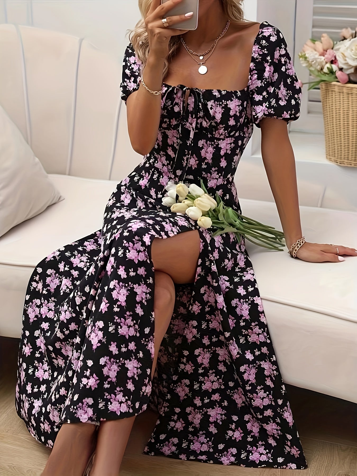 Floral Puff-Sleeve A-Line Wedding Guest Dress