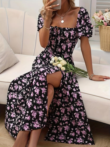 Floral Puff-Sleeve A-Line Wedding Guest Dress