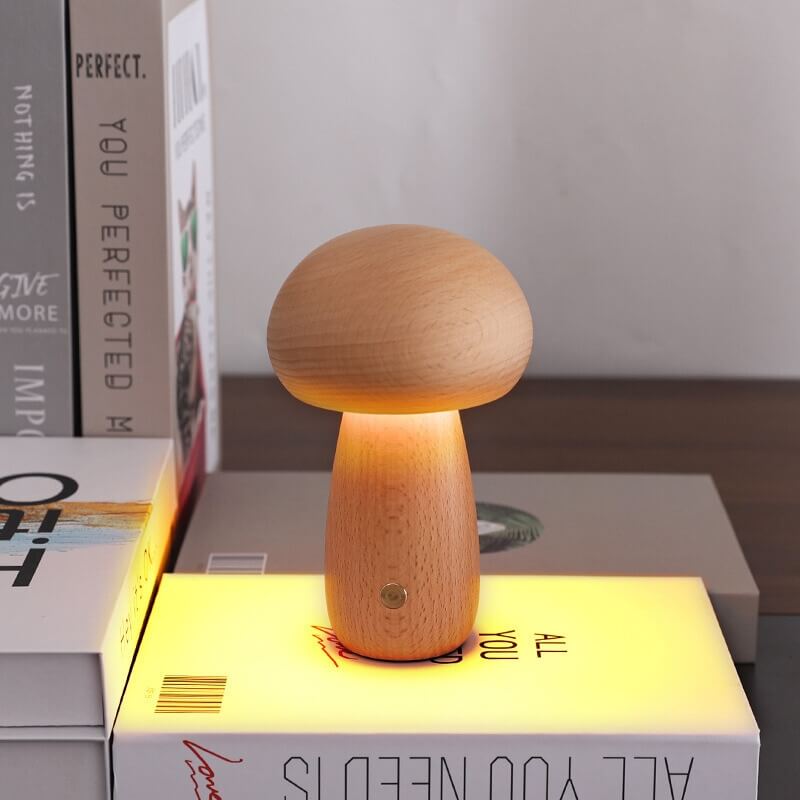 Cordless Wood Mushroom Lamp, Bedside Glow
