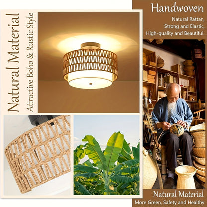 Woven Rattan Ceiling Light with Linen Glow