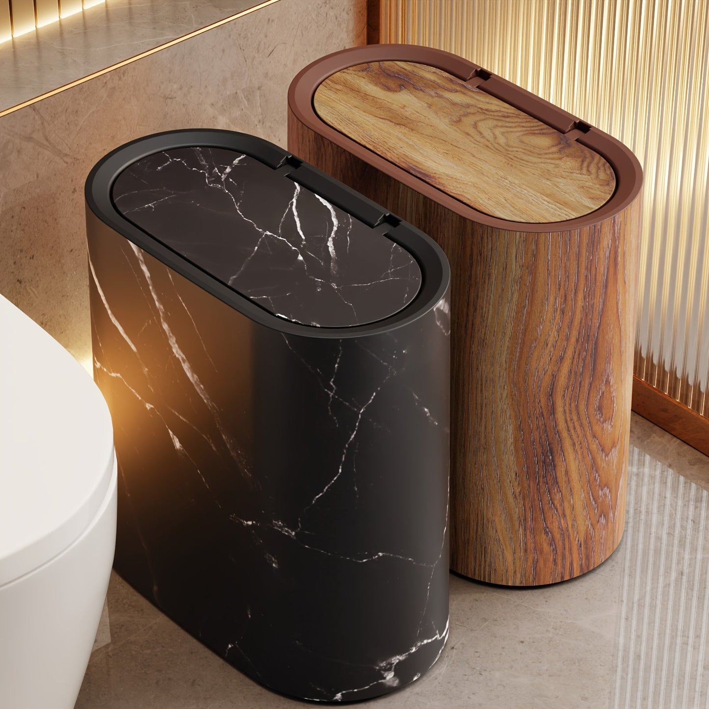 Marble-Finish Oval Bin with Lid