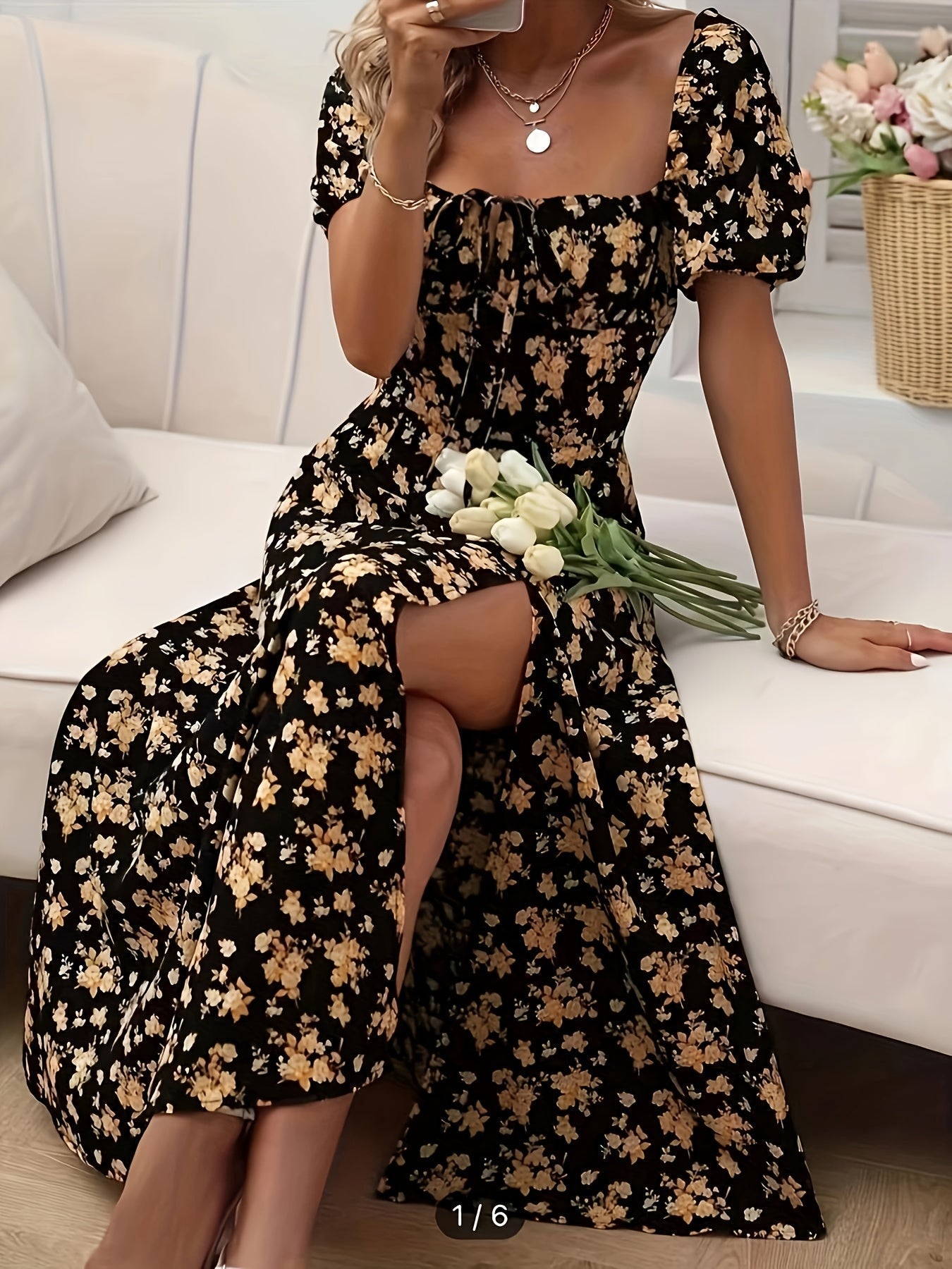 Floral Puff-Sleeve A-Line Wedding Guest Dress