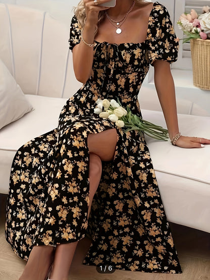 Floral Puff-Sleeve A-Line Wedding Guest Dress